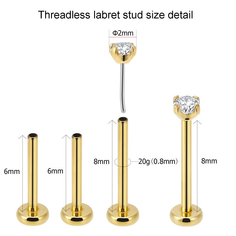 NewkeepsR 2PCS-0.8mm(20g) Titanium Gold Plated Press Fit Threadless Push Pop In Labret Lip Monroe Tragus Smallest Flatback Earring Studs W/2.0mm Round Cubic Zirconia - Image 3